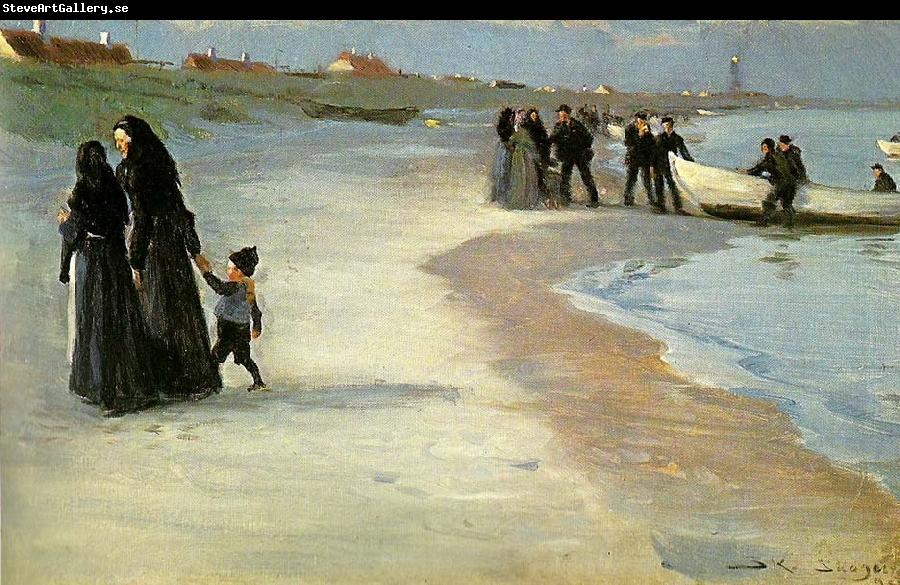 Peter Severin Kroyer en hvid bad i strandkanten, lys sommeraften